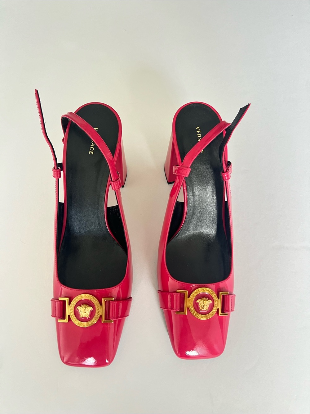 Versace Pink Patent Leather Slingback Heels with Gold Medallion